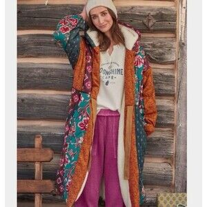 Sundance Linnea Robe Jacket Small Patchwork Sherpa Lined Boho Multicolor Floral